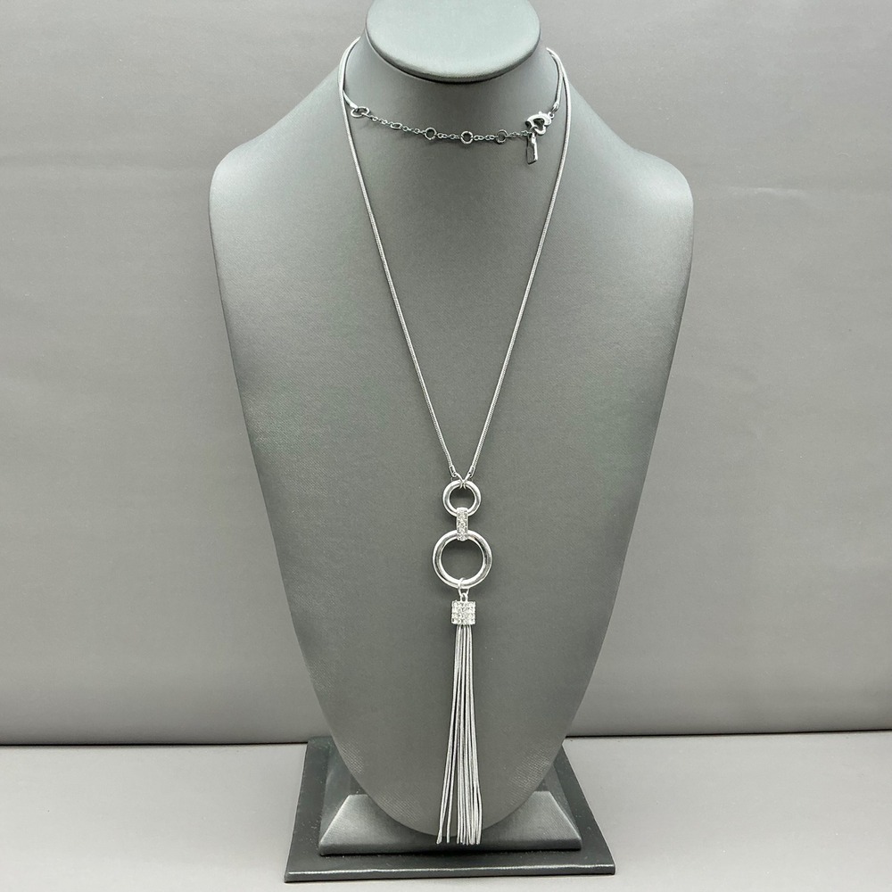 Necklace Women Silver Tone‎ Tassel Rhinestone Double Snake Chain Pendant 32 In